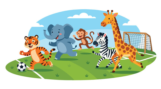 Animals play soccer on green field with goal and blue sky