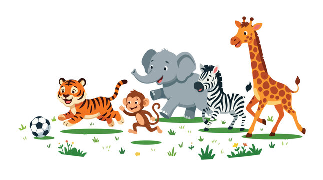Wild animals playing soccer on grassy field with flowers and green