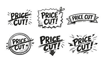 Fototapeta premium Hand drawing set of price cut advertisement, discount, and promotion tags, offering marketing elements for retail sales, banner, label, and sticker design concept
