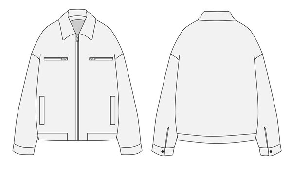vector illustration of a white shirt. Technical sketch of a bomber jacket with a collar and zippered pockets. Sketch of a work jacket, front and back views. Template of a work jacket.