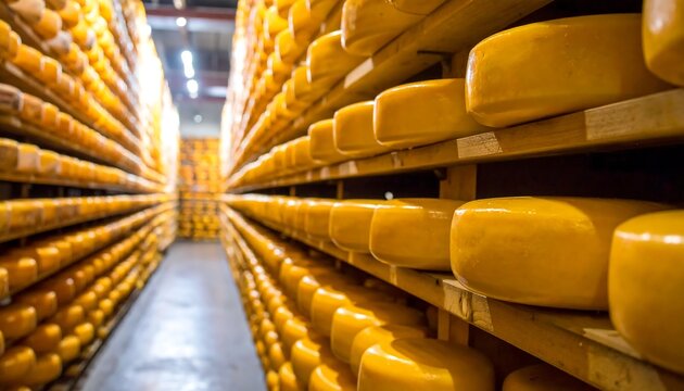 A row of rounded cheese block in the storage room