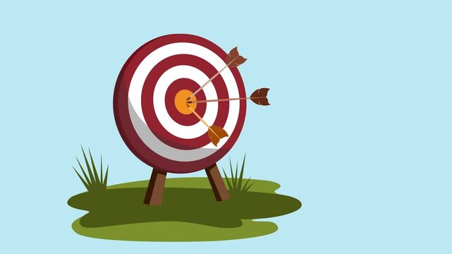 Archery target on a grassy patch with two arrows hitting the bullseye animation