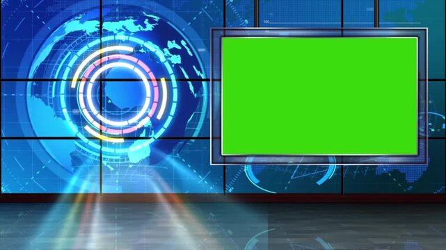 Futuristic news studio with green screen display, digital world map background, broadcast television set, Chroma key template, 4k motion graphics