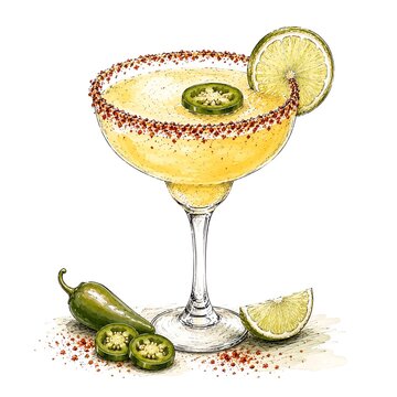 Watercolour illustration of a spicy margarita cocktail garnished with lime, jalape&ntilde;o slices in a salt and chilli-rimmed glass. 
