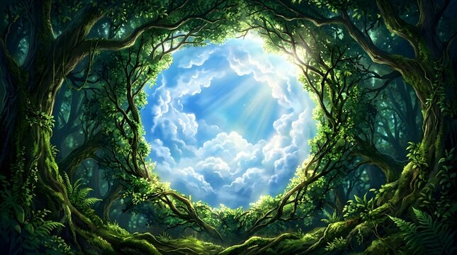 Magical forest opening with bright blue sky and clouds framed by lush green trees and foliage
