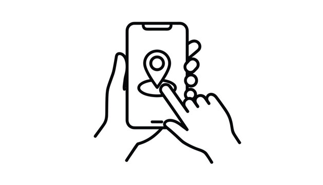 Detailed line art illustration of hands holding a smartphone and tapping on a location pointer icon on the screen.