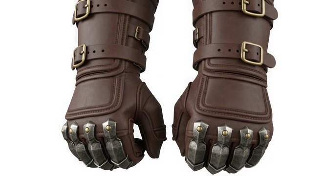 Pair of brown leather medieval gauntlets with metal knuckles isolated on a transparent background