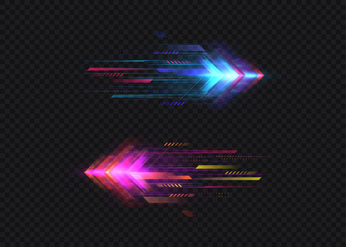 A set of vibrant arrows with clean lines, vibrant backlighting, and a dynamic acceleration effect. Illuminated arrows for directional and speed effects, web design, and illustrations. Vector on a dark