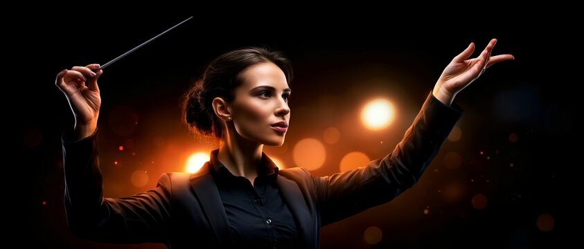 Dramatic conductor gestures with baton against warm glowing lights. 64k 8k widescreen, HDR,