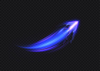Light effect of high-speed movement of the speed of light along a curved trajectory of bright blue-violet flickers. Dynamic movement of a high-speed arrow of light energy.   © Valeriia