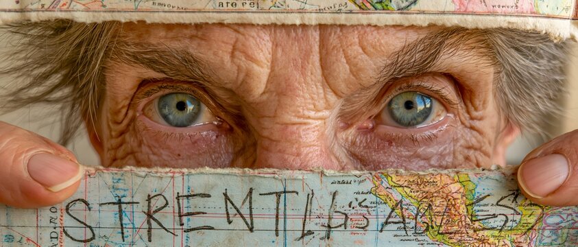 Eyes peer through a torn map. 64k 8k widescreen, HDR,