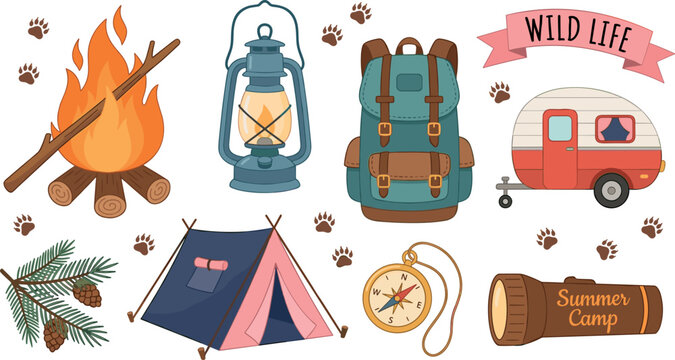 Camping and outdoor adventure equipment collection with tent campfire backpack lantern compass and travel trailer