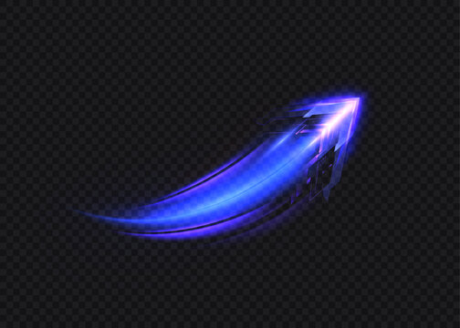 Light effect of high-speed movement of the speed of light along a curved trajectory of bright blue-violet flickers. Dynamic movement of a high-speed arrow of light energy.	
