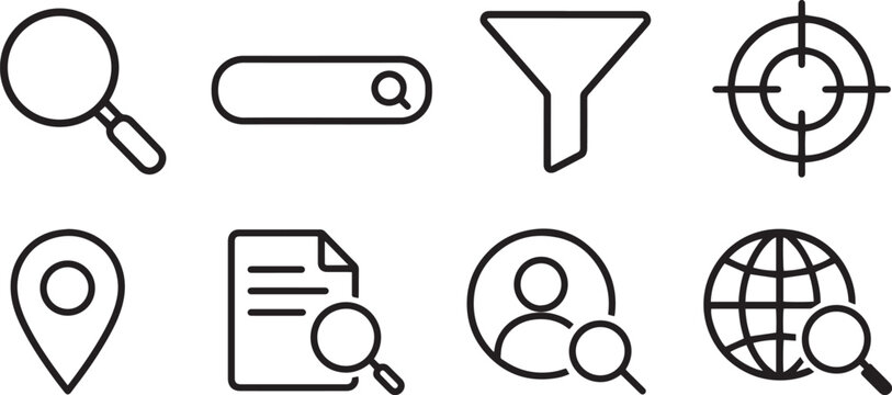 Search Modern and Premium Icon Set, Featuring magnifying glass, search bar, filter funnel, target crosshair and More, Editable Stroke, Outline Icon Collection