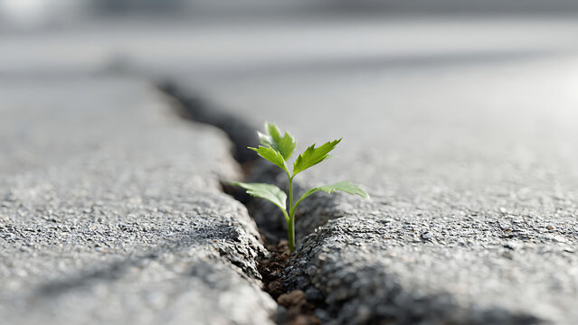 Small Green Plant Growing Through Asphalt Crack Symbolizing Resilience