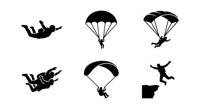 Parachute icon set silhouette, white background