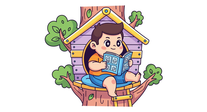 Young Girl Reading Book in Colorful Treehouse Interior.