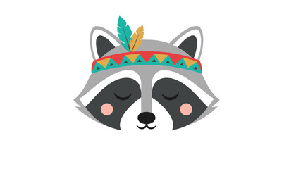 Obraz premium Adorable raccoon character face wearing a colorful native American tribal headband with feathers on white background.