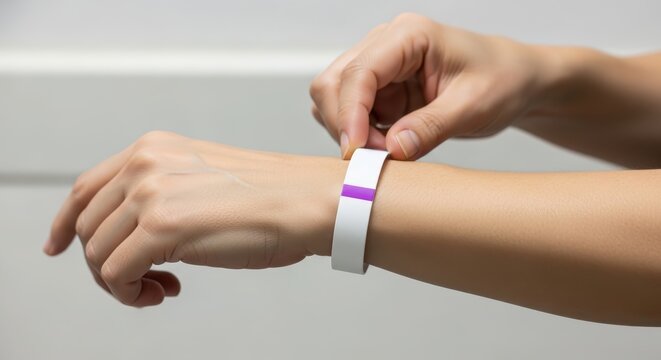 Person carefully placing a white paper identification wristband with a small purple stripe around their wrist for access control at an event or a medical facility during a bright day.