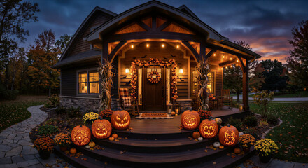Obraz premium Halloween Decorated House with Glowing Jack O Lantern Pumpkins at Twilight