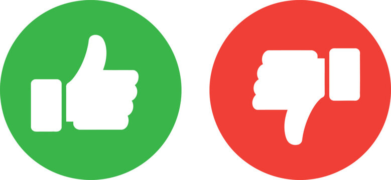 Vector illustration of thumbs up and thumbs down icons on transparent background.