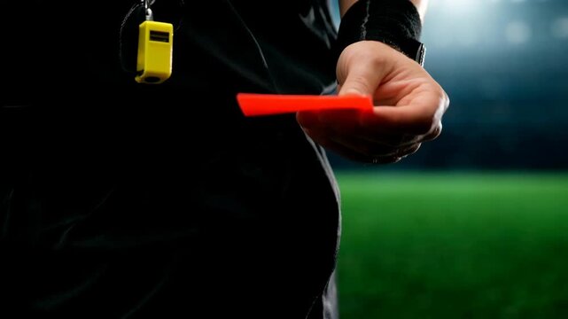 Soccer referee with a yellow whistle standing on a green grass field at a stadium