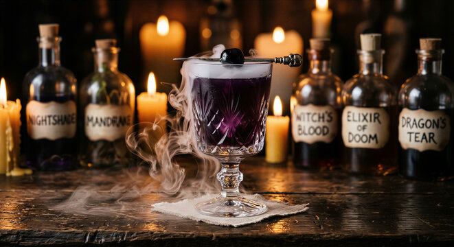 Halloween Witch Potion Cocktail with Smoke and Candlelight