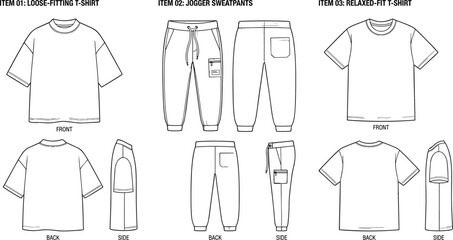 Naklejka premium Technical fashion flat sketches of oversized t-shirts and cargo jogger pants for apparel design and clothing production