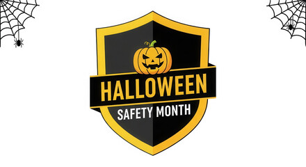 Fototapeta premium Halloween party emblem with a pumpkin icon on a black and yellow shield isolated on a transparent background
