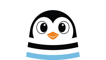 Obraz premium Cute close up cartoon face of a baby penguin with big dark eyes and an orange beak on a white background.
