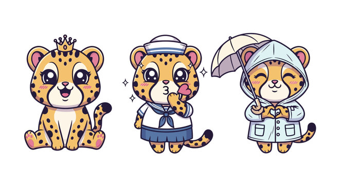 Cute cartoon leopards in different costumes and outfits.