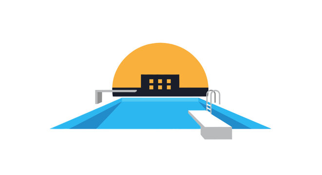 Minimalist Swimming Pool with Diving Board and Sunset