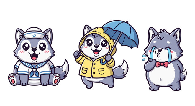 Cute Cartoon Wolves in Different Outfits and Accessories.