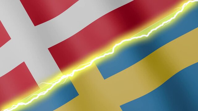 Two waving flags Denmark and Sweden with diagonal lightning seamless, 4k loop