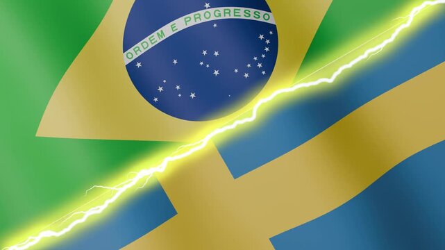 Two waving flags Brazil and Sweden with diagonal lightning seamless, 4k loop