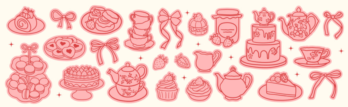 Strawberry afternoon tea party doodle sticker. Hand drawn vintage teapots, floral teacups, strawberry cakes, cupcakes, jam jar and pastries. Whimsical tea party vector illustration