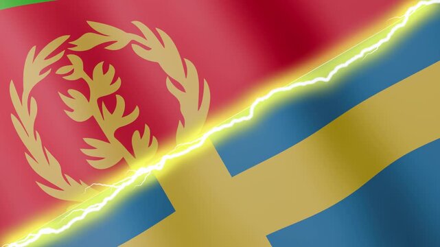 Two waving flags Eritrea and Sweden with diagonal lightning seamless, 4k loop