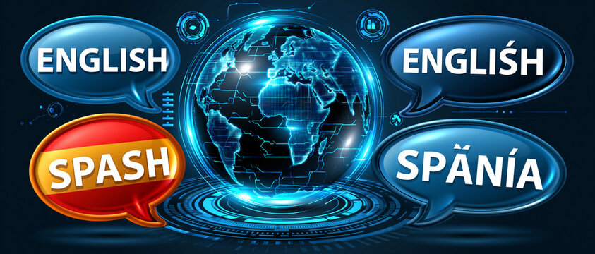 AI language translation technology with multilingual communication and global translator concept