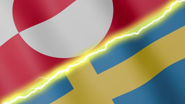 Two waving flags Greenland and Sweden with diagonal lightning seamless, 4k loop