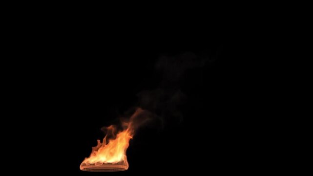 Realistic burning fire flame effect on black background, blazing heat and smoke animation, isolated combustion element, cinematic 4k visual effects