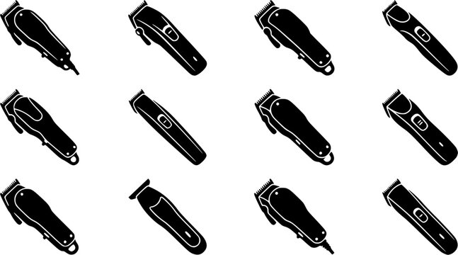 Hair clipper silhouette icon set, flat black glyph style, pure white background