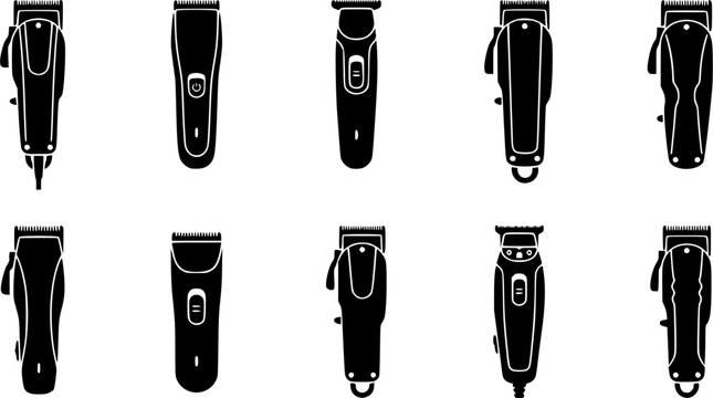 Hair clipper silhouette icon set, flat black glyph style, pure white background