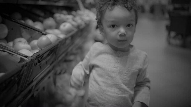 Toddler Reaching for Apples on a Grocery Produce Display
