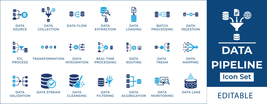 Data pipeline icon set featuring etl architecture, database integration, big data ingestion, stream processing, workflow automation, cloud warehousing, and data cleaning symbols.