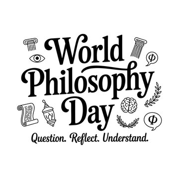 World philosophy day typography poster with greek columns and intellectual icons.