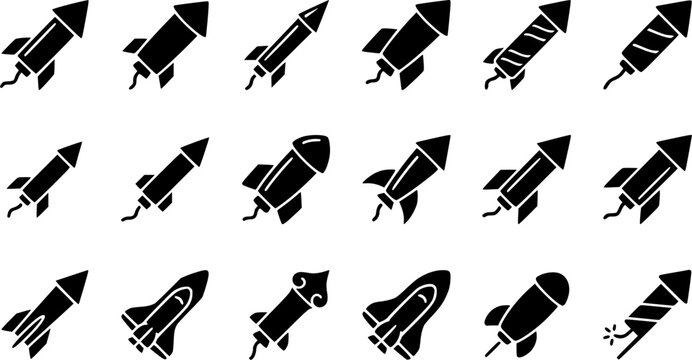 Firework rocket silhouette icon set, flat black glyph style, pure white background