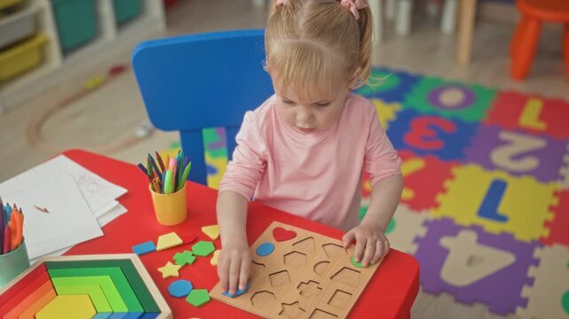 Little girl in pink shirt placing wooden shape with hands into a puzzle board at a red table with rainbow stacker and colored pencils in a classroom; concentration early learning.