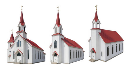 Fototapeta premium Set of three small white churches with red roofs in different angles isolated on a transparent background