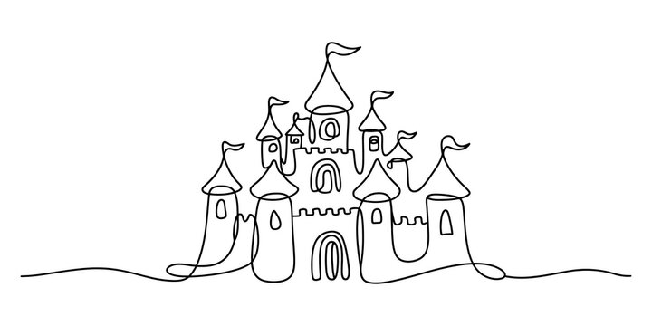 Sand castle, minimalist line drawing, simple illustration, black and white, fantasy architecture