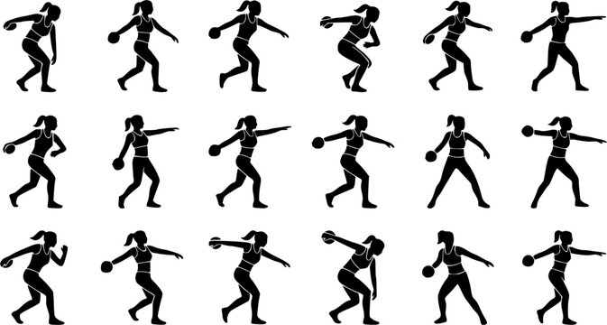 Women discus thrower Silhouette Icons &ndash; Fun Sports Activity Vector Bundle